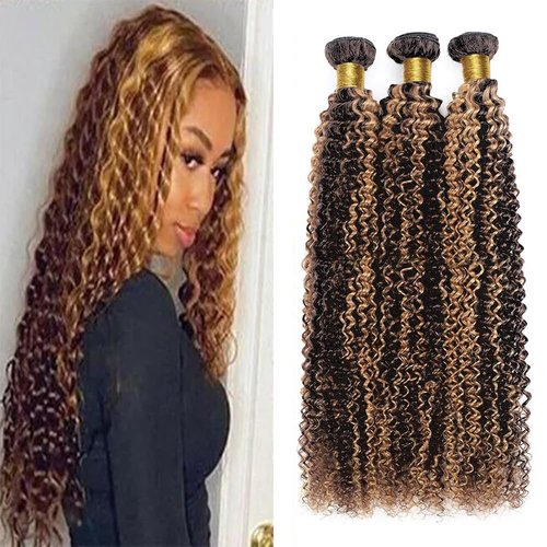 Highlight Human Hair Bundles P1B30 Ombre Brown kinky Curly Bundles 8 10 12 inch Double Weft Highlight Brown Kinky Curly Human Hair Weave Brazilian Virgin Remy Hair Extensions