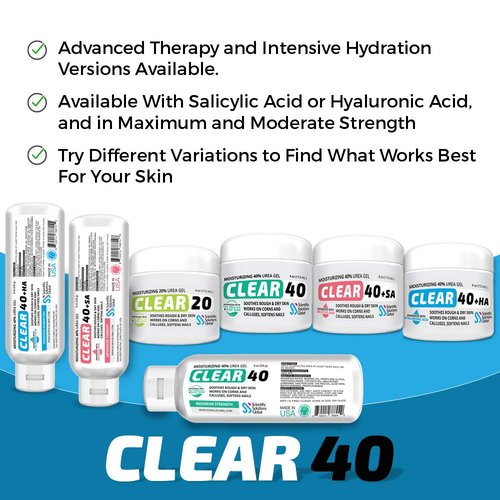 Clear 40, 40% Urea Gel, 8 oz w/Tea Tree & Coconut Oil, Aloe Vera Extract, Works on Calluses & Corns, Moisturizes & Softens Cracked Heels, Feet, Elbows, Hands, Nails, Superior Hydration to Urea Creams