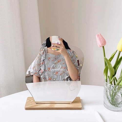 GUOJOZO Acrylic Makeup Mirror for Desk with Stand Aesthetic Desk Decor Vanity Mirror Frameless Table top for Bedroom,Living Room and Minimal Spaces Room Decor (Baby Fat)