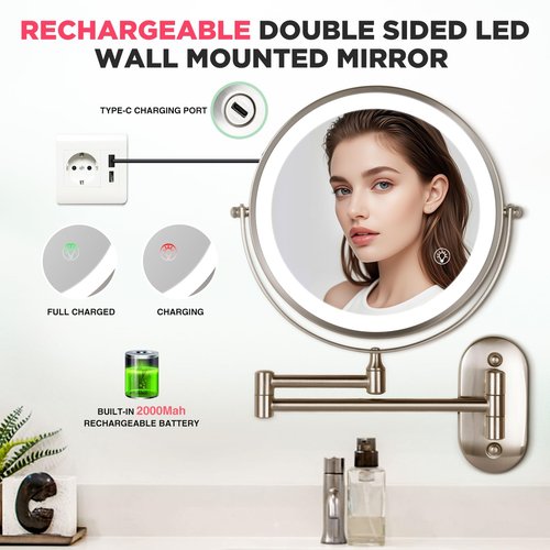 VORREMIRR 20X Magnifying Mirror with Light: 8.5 Inch Lighted Makeup Mirror, Wall Mount, 360 Rotation, Touch Screen, Rechargeable, Brushed Nickel
