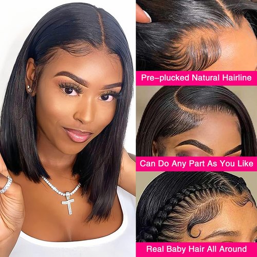 Bob Wig Human Hair 13x4 Frontal Lace Wig Human Hair 180 Density Glueless Pre Plucked with Baby Hair Straight Bob Wigs for Black Women 180% Density Pre Plucked Natural Color 12 inch