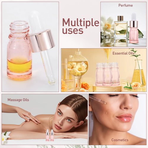 Kesell 8 Pack 5ml Pink Dropper Bottles, Empty Refillable Glass Sample Vials Essential Oils DIY Perfume Travel Container, With Rose-Gold Cap And 3 Funnels