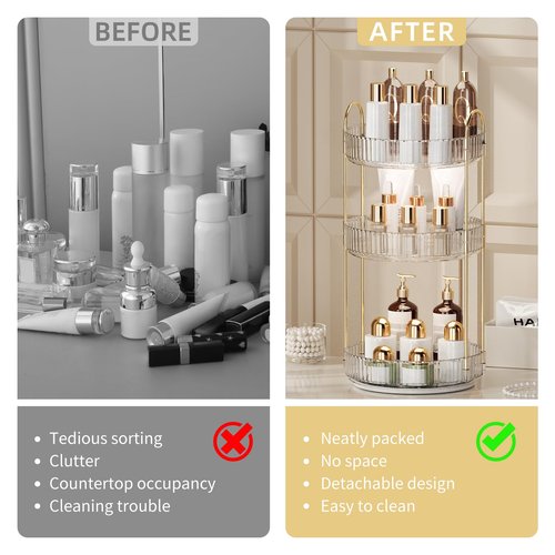 360° Rotating Makeup Organizer for Vanity - 3 Tier Perfume Organizer with Large Capacity - Skincare Organizer for Bathroom Counter - Space-Saving Cosmetic Storage for Dresser Countertop (Clear)