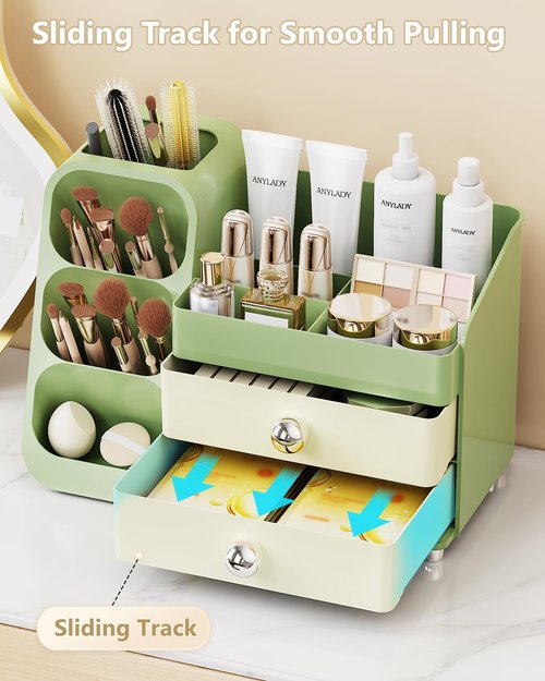 Anylady Makeup Organizer with Drawers, Skincare Organizer (Large Size Thick), Storage Box Cosmetic Display Cases, Make up Organizers for Vanity, Dresser, Desk, Kitchen, Countertop (green)