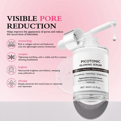 Cyano Pink Spicule Serum + Picotonic Shot Ampoule Duo, With Alpha Arbutin, Niacinamide and Calcium, Shrinks Pores, Fades Blemish and Fine Lines