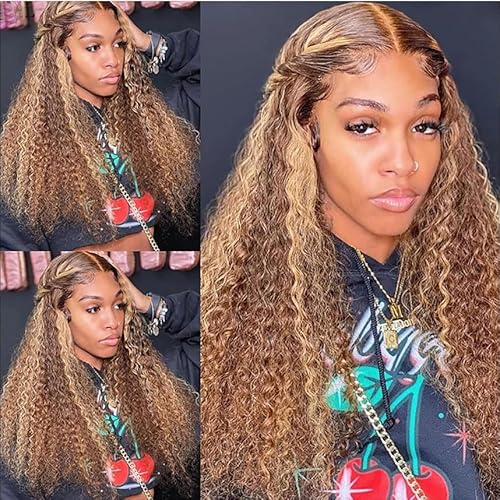 Chesma 30 Inch Highlight Ombre Lace Front Wig Human Hair 13x4 HD Honey Blonde 4/27 Deep Wave Lace Frontal Wig Glueless Wig 180 Density