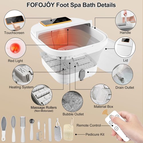 FOFOJÔY Collapsible Foot Spa with Heat and Remote Control, Massage Rollers, Bubble, Foot Pedicure Kit, Temperature Control, Red Light, Foot Bath and Pumice Stone Pedicure Foot Spa