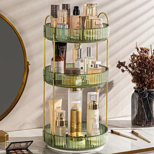 Satpurush 360° Rotating Makeup Organizer – 3-Tier Spinning Cosmetic Holder for Vanity, Countertop, Bathroom & Dresser – Perfume, Skincare & Cosmetic Care Organizer (Clear Green, 3 Tier)