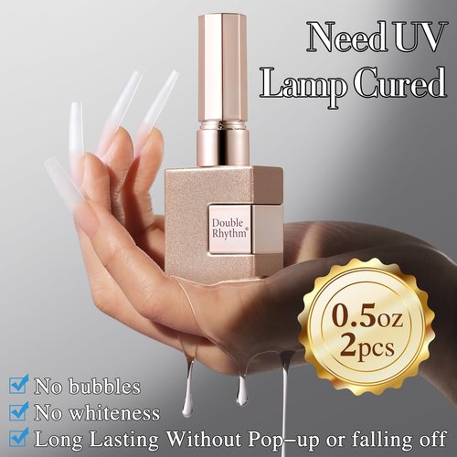 Double Rhythm 2 Pcs 0.5Oz Nail Glue Gel Set for False Acrylic Nail Tips and Press on Nails Gel Nail Polish Kit Nail Art Salon DIY Lamp Needed (Glue Clear)