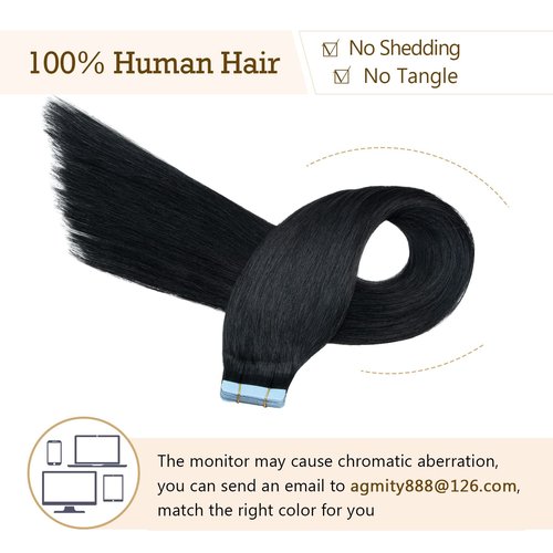 AGMITY Tape in Hair Extensions 100% Remy Human Hair Jet Black 20 inches 20pcs 50Gram Seamless Skin Weft Straight Real Human Hair Tape in Extensions(20 inches #1 Jet Black)