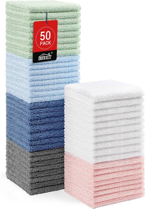 HOMEXCEL Microfiber Washcloths 50 Pack, Highly Absorbent and Soft Face Towel, Multi-Purpose Wash Cloths for Bathroom, Hotel, Spa, Gym, and Kitchen, 12x12 Inch