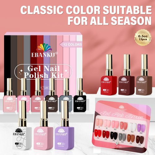 EBANKU 12 Pcs 15ML Gel Nail Polish Set, Same Color Same Bottle Red Pink Nude Brown Fall Soak Off Gel Nail Polish Kit Nail Art Manicure Gifts for Women