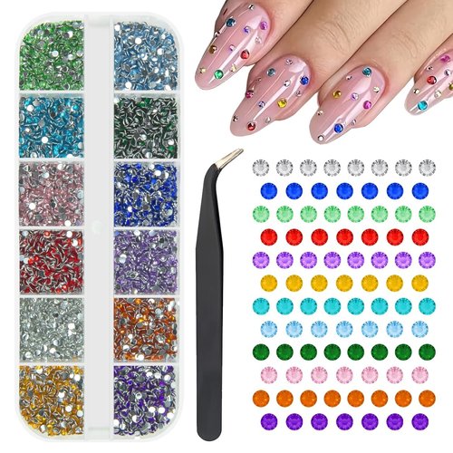qiipii 12 Colors 2mm Small Crystal Resin Rhinestones Rainbow Colorful Flatback Tiny Stones Gems Diamonds Crystals Charms for Nails Eyes Face Makeup Crafting Tumblers Bottles DIY Crafts Shoes Clothes