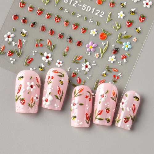 JMEOWIO 3D Embossed Flower Fruit Nail Art Stickers Decals Self-Adhesive 5D Nail Supplies Nail Art Design Decoration Accessories 4 Sheets