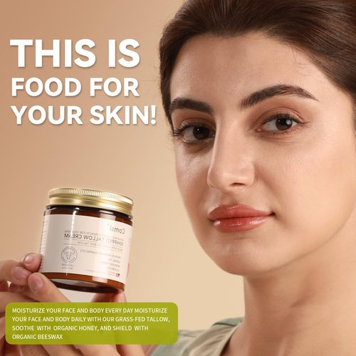 comsl Whipped Tallow Honey Cream with Grass-Fed Beef Tallow & Raw Honey, Face & Body Moisturizer, for Dry, Sensitive Skin, Eczema, Rosacea,US- Made,FL.4oz(Unscented)