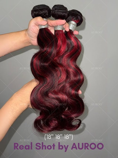 AUROO Burgundy Highlight Body Wave Single Bundles Human Hair, 12A 100% Virgin Ombre Red 99J Burgundy and Black Colored Human Hair Bundles Thick Track F1B/Burgundy Brazilian Quick Weaves Remy 14 inch