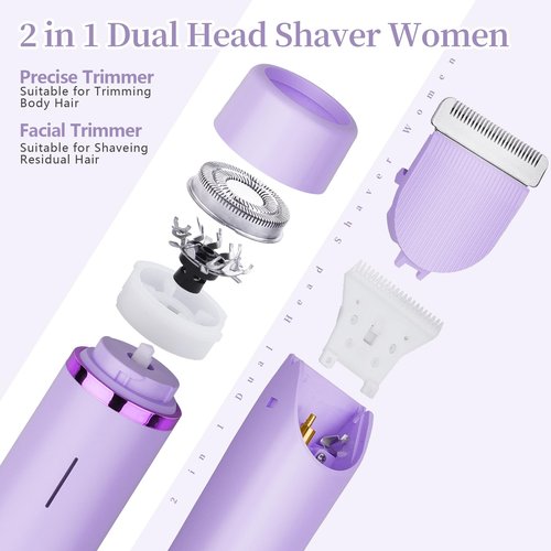 Beffkkip Ladies Electric Razor, 2 in 1 Dual Head Shaver Women, Bikini Trimmer for Women Personal Body Face Leg Arm Hair USB Charge Waterproof Wet and Dry (Purple)