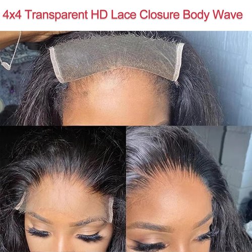 4x4 Transparent HD Lace Closure Body Wave Virgin Human Hair Invisible Lace Closure More Less Shedding than Regular Virgin Hair Frontal Closure Pre-plucked with Baby Hair Natural Black 18 Inch