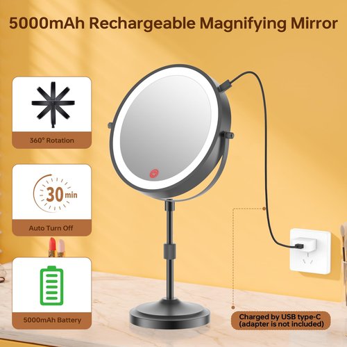 Erlingeryi 9" Magnifying Mirror with Lights 20X, Height Adjustable Lighted Makeup Mirror with Magnification, 5000mAh Rechargeable Battery, Dimmable, 3 Lighting Colors, Black