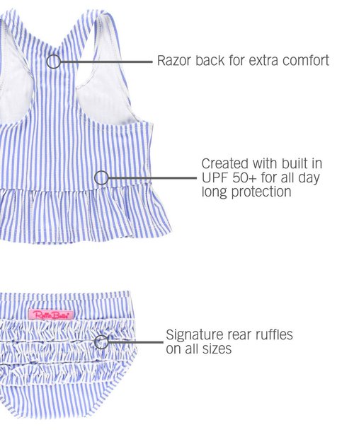 RuffleButts Baby/Toddler Girls UPF50+ Seersucker Ruffle Peplum Bow Tankini - Periwinkle Blue Seersucker, 6-12m