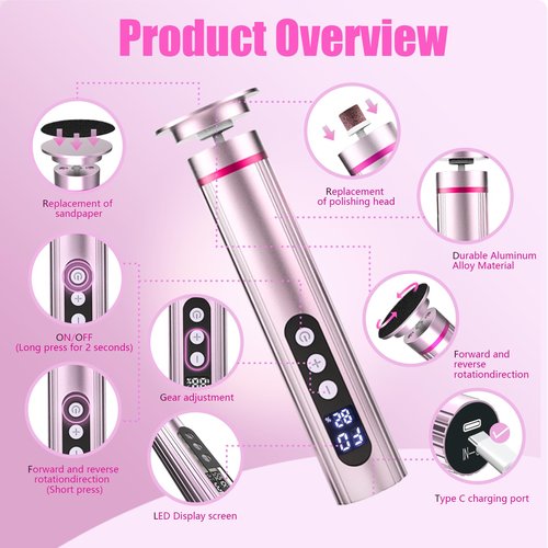 Electric Callus Remover for Feet – 2-in-1 Rechargeable Foot Sander with Sandpaper Discs & Nail Drill Bits, Adjustable Speed, LED Display, Professional Pedicure Tool for Home & Travel