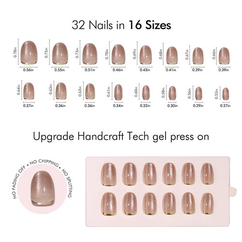 VSALON Press On Nails Short, 32 Pcs 16 Sizes Cat Eye Press On Nails Oval Fake Nails Gold Foil Design Sparkly Shimmer Gel With UV Glue Reusable Stick On Nails Semi-transparent Fall Gift For Women
