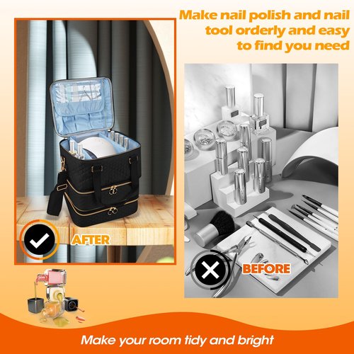 Cheungren Nail Polish Organizer Case - Three Layer Nail Polish Storage Bag with Adjustable Dividers Holds 84 Bottles Nail Polish Nail Lamp Nail Kit Supplies Organizer Box - Black