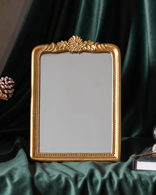 CMGL Gold Vintage Vanity Square Mirror, Antique Mirrors for Wall Decorative, Unique Cute Small Mirror, Table Top Makeup Framed Mirrors, Bathroom, Bedroom, Living Room,Fireplace,10.2" L x 7.3" W Gold