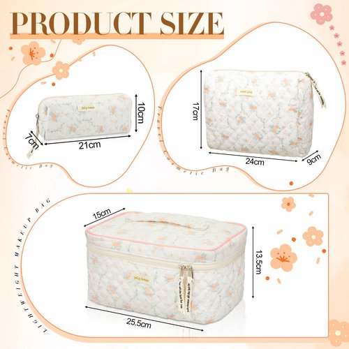 Zeyune 3 Pcs Makeup Bag Quilted Cosmetic Bags Large Floral Makeup Bag Set for Women Cotton Flower Travel Toiletry Storage Cute with Zipper for Women Mom Birthday Gift Home Bathroom(Apricot Peony)