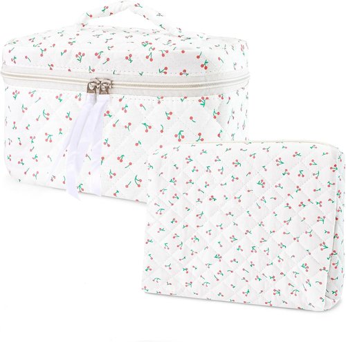 Hyfant 2Pcs Floral Quilted Makeup Bag Set Coquette Makeup Bags Large Cotton Cosmetic Bag Cute Makeup Bag with Bow Pattern Portable Travel Toiletry Bag For Women