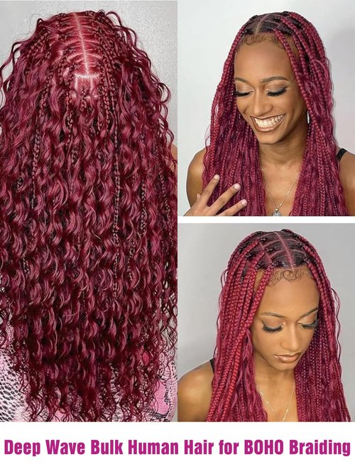 99J Burgundy Human Braiding Hair Deep Wave Bulk, No Weft Curly Braiding Hair Extensions for Boho Braids Wet and Wavy Braiding Human Hair Bundles(14inch,99j,100g)