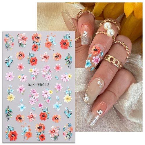 JMEOWIO 6 Sheets Flower Nail Art Stickers Decals Self-Adhesive Spring Summer Floral Nail Supplies Nail Art Design Decoration Accessories