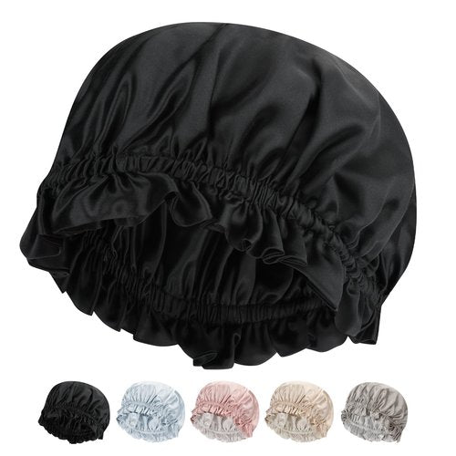 SILKTALE Silk Bonnet Hair Wrap for Sleeping,Pure Mulberry Silk Sleep Bonnet Night Cap for Women/Men,Double Layer 19 Momme Ruffle100% Natural Silk Head Turban for Curly Hair, Black