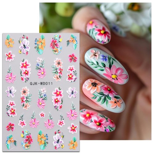 JMEOWIO 6 Sheets Flower Nail Art Stickers Decals Self-Adhesive Spring Summer Floral Nail Supplies Nail Art Design Decoration Accessories
