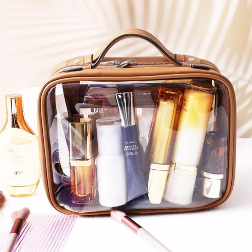 SANHECUN traveling toiletry Case large clear cosmetics case makeup bag Dimensions | LxWxH:10” x 4.5” x 7.5”(Brown, Medium)