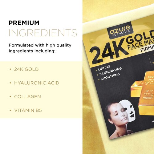Azure Cosmetics 24K Gold, Caviar, Vitamin C, Hyaluronic Acid, Retinol & Collagen Anti-Aging Face Mask - Ultimate Variety Pack of 20 - Dermatologist Tested - Hydrating & Firming - Korean Skin Care