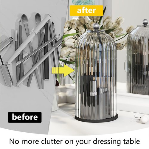 Emljkvp Makeup Brush Holder with Dustproof Cover 360 Rotating Makeup Brush Organizer for Vanity Bathroom, White/Black