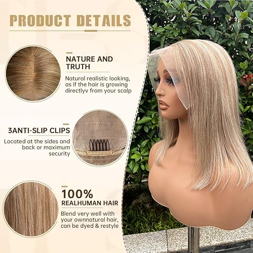 Belaved 8T860 16 Inch Ombre Bob Wig Human Hair Highlight Brown to Blonde 13¡¿6 Glueless HD Lace Front Bob Wigs with Baby Hair Free Part Pre Plucked Hairline Straight Bob Wig Human Hair for White Women
