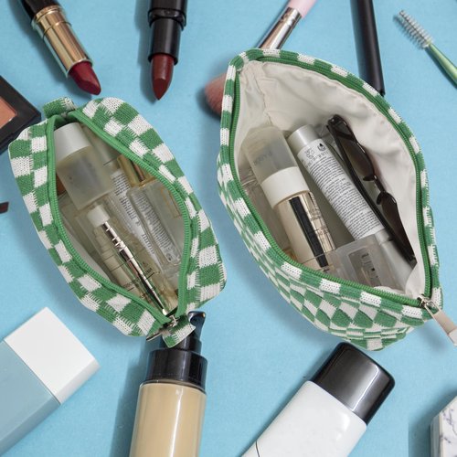 Makeup Bags Checkered Cosmetic Bag- 2PCS Travel Toiletry Bag Aesthetic Portable Accessories Pouch Preppy Pencil Checkered Pencil Pouch Case Cute Brushes Storage Bag for Women -Green