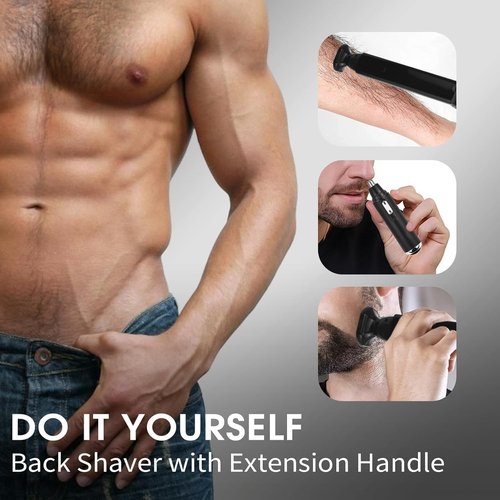 ETbyto Back Shavers for Men Long Handle，Multifunctional Self-Service Electric Back Hair Razor with Adjustable Handle，Men's Back Shaver wiht Nose Hair Trimmer Set and 2 Shock Absorber Flex Heads,Black