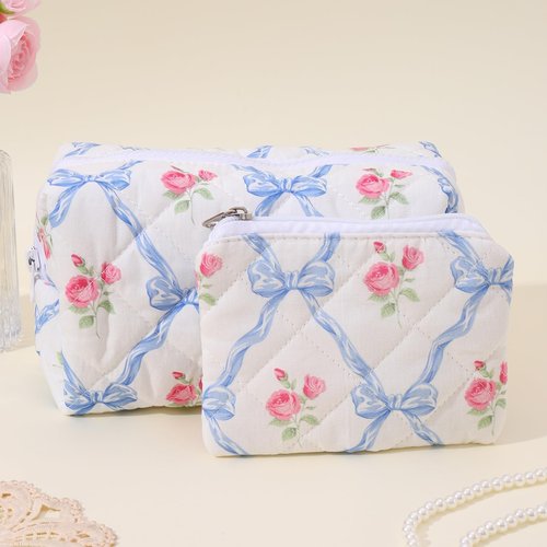 LYDZTION Cute Quilted Coquette Bow Cotton Makeup Bag with Purse Pouch - Aesthetic Stuff Travel Essentials Storage Bag for Lipstick Brushes, Blue