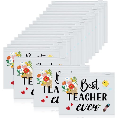 Cunno 60 Pcs Teacher Appreciation Gifts Bulk Small Waterproof Makeup Toiletry Bag Pouch Cosmetic Pencil Bag Thank You Gifts for Women Men Travel Graduation Season Supplies(Best Teacher Ever)