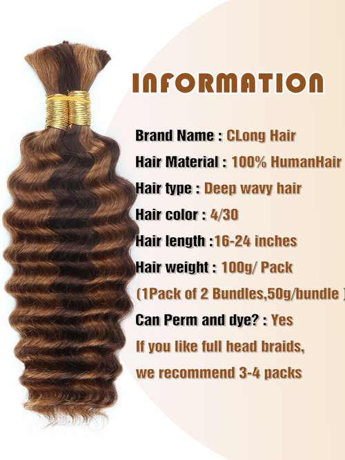 4/30 Bronze Gold Human Braiding Hair Deep Wave Bulk，Highlight No Weft Curly Braiding Hair Extensions for Boho Braids Wet and Wavy Braiding Human Hair Bundles(16inch,4/30,100g)