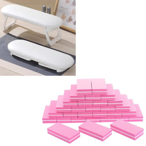 Nail Arm Rest, Foldable PU Leather Nail Hand Rest For Manicure+uffer Block Nail File, 30Count 100/180 Grit Sponge Nail Buffers for Acrylic Nails