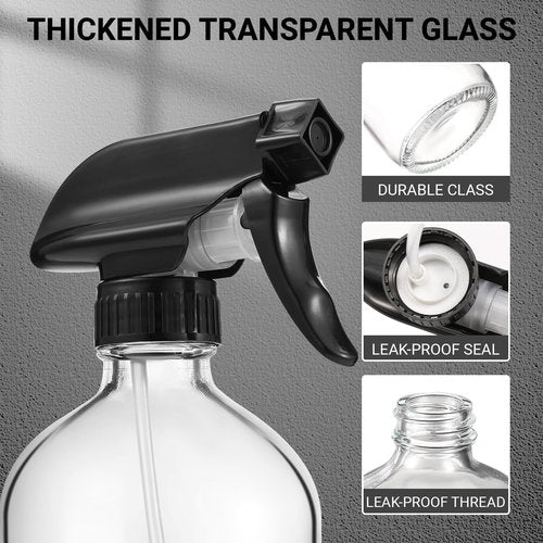 3 Pcs 16oz Empty Glass Spray Bottle with Black Silicone Sleeve Protection - Refillable Boston Round Containers with Adjustable Nozzle for Cleaning Solutions, Essential Oils, Misting Plants, Gardening