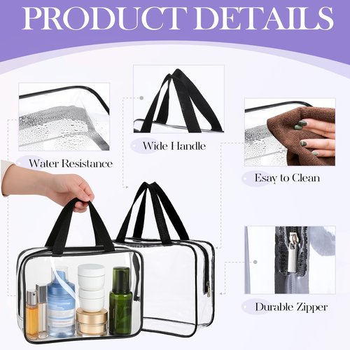 SynHHergyx 10 Pack Large Clear Makeup Bag Clear Toiletry Bag with Zipper and Handle Travel Cosmetic Tote Pouch PVC Plastic Zipper Case Organizers