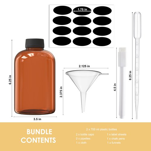 TIDY NICHES Plastic Bottles Includes Lids - For Essential Oils, Shampoo, Soap, Sanitizers and Liquid Storage - Includes Funnel, Labels, Pipettes and Microfiber Cloth - 23.66 fl oz / 700 ml, 2 pack
