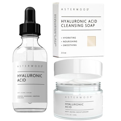 Asterwood Hyaluronic Acid Serum 2 oz, Hyaluronic Acid Moisturizer 1.7 oz, & Hyaluronic Acid Face Bar 3.5 oz