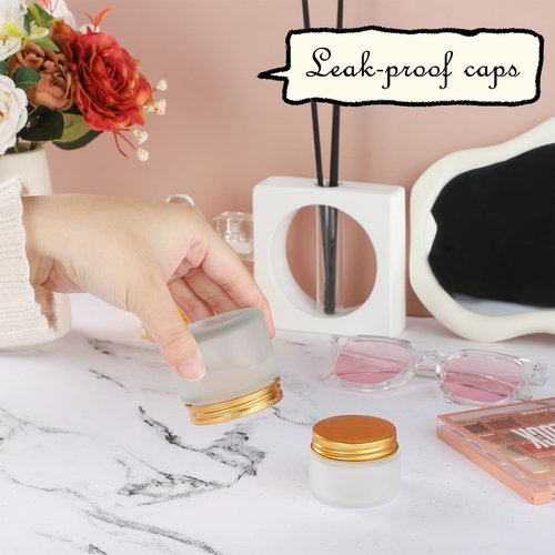 RAMFIYN 12 pack Small Clear Frosted Glass Cosmetic jars with Golden Metal Lids 2oz Bulk for Sample Lotion Cream Travel Jar Cosmetic Container