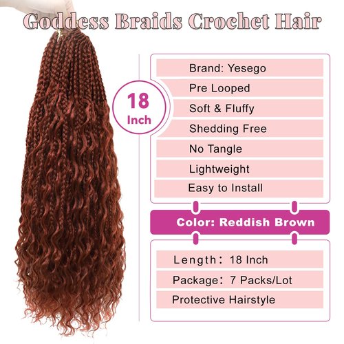 Goddess Bohemian Box Braids Crochet Hair 7 Packs 18 Inch Boho Crochet Braids for Black Women Pre Looped Braiding Hair with Curly Ends, Reddish Brown
